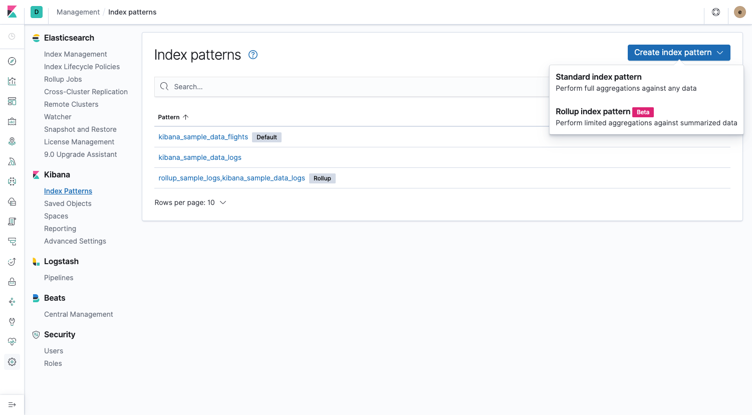 Create index pattern menu