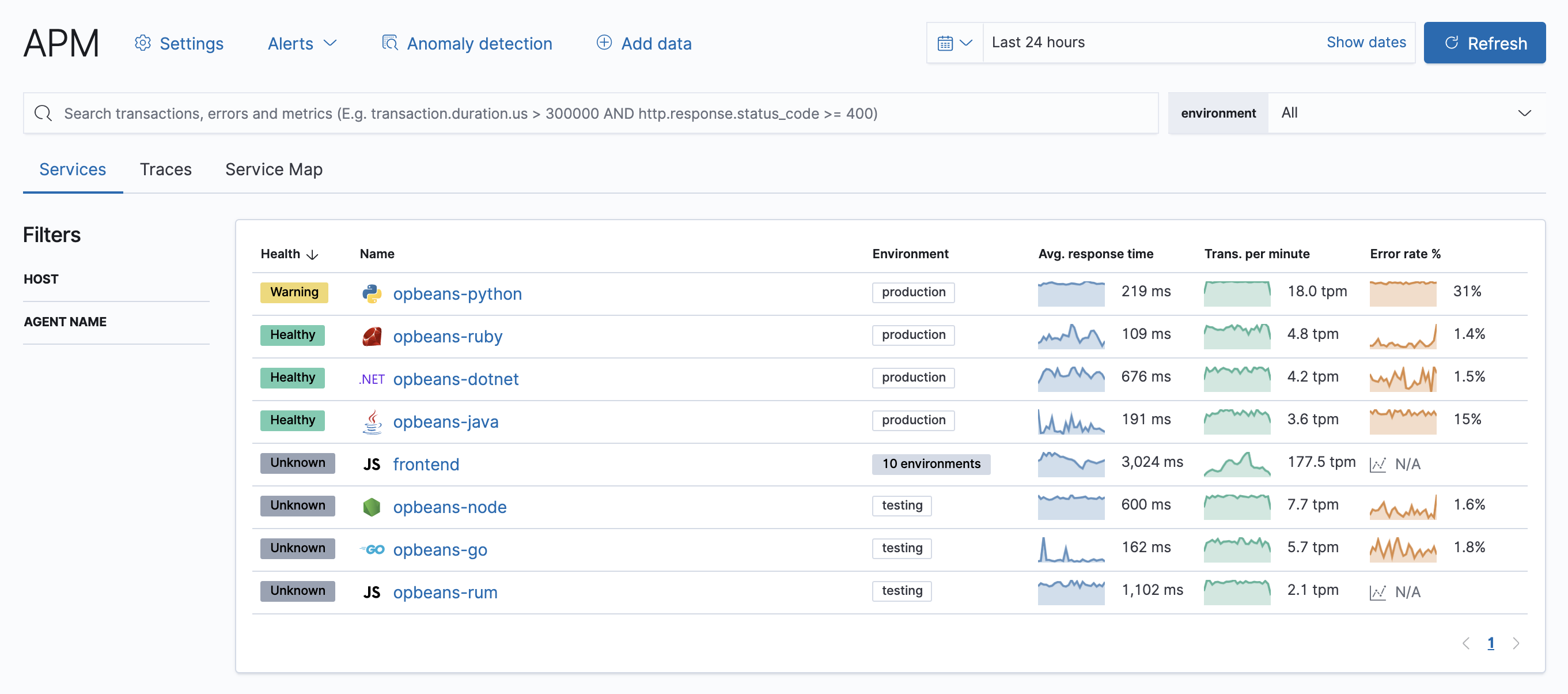 Example view of services table the APM app in Kibana