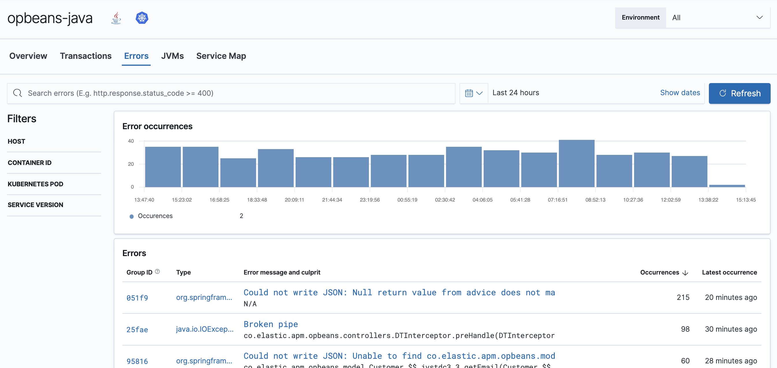 Example view of the errors overview in the APM app in Kibana