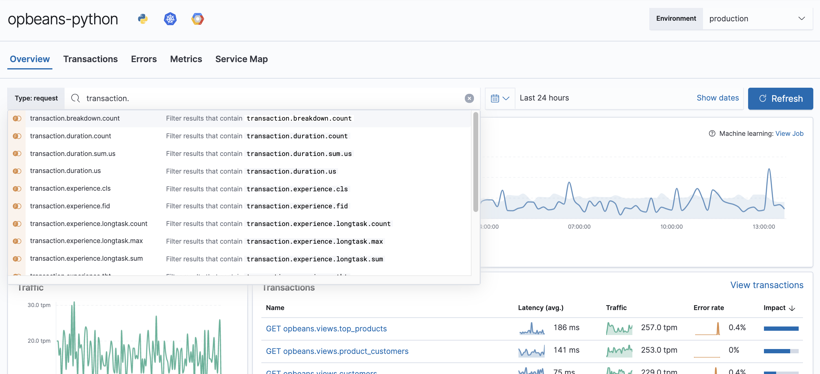 Example of the Kibana Query bar in APM app in Kibana