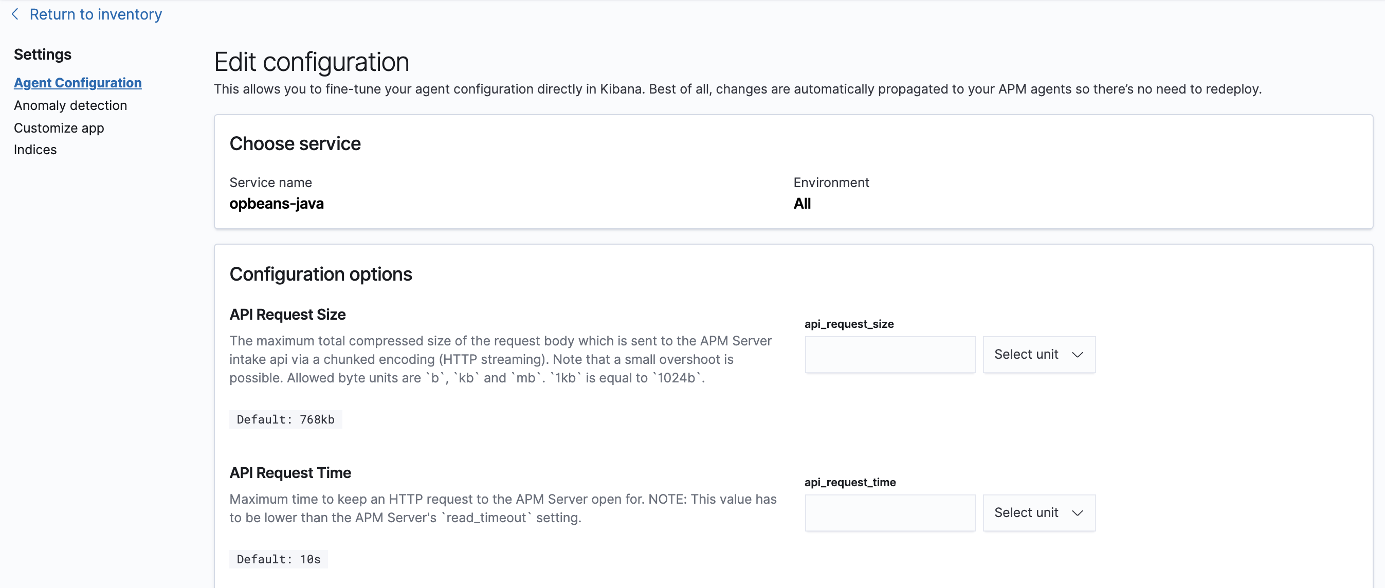 APM Agent configuration in Kibana