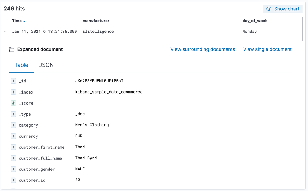 Table view with document expanded