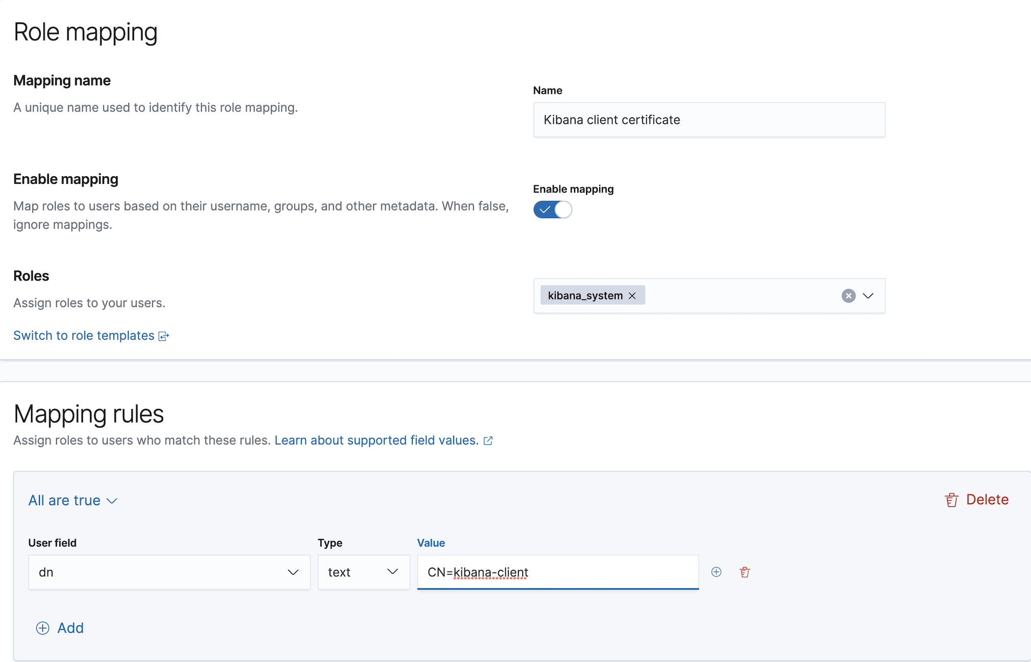 Role mapping for the Kibana client certificate