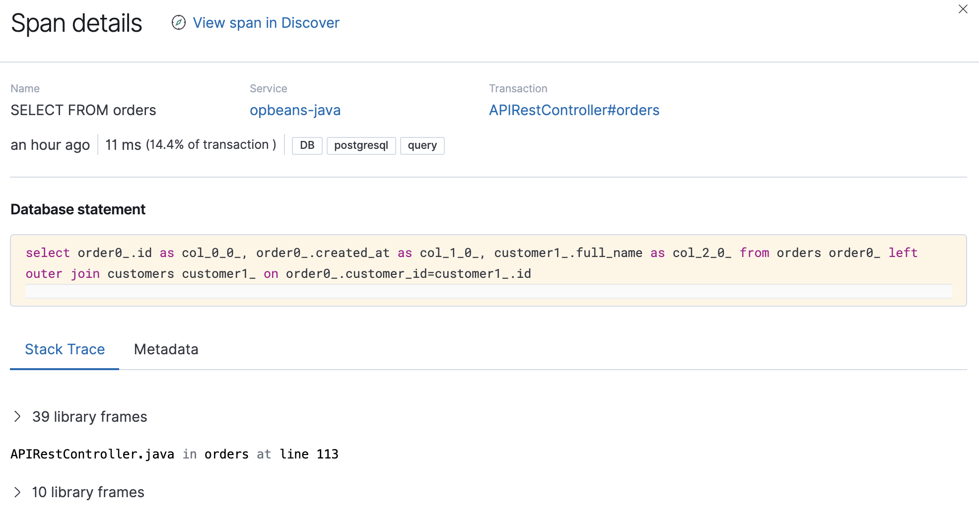 Example view of a span detail in the APM app in Kibana