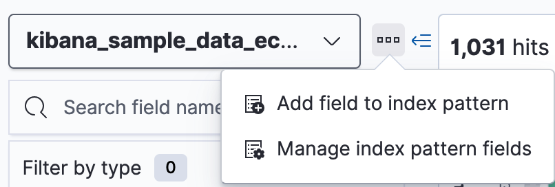 Dropdown menu located next to index pattern field with item for adding a field to an index pattern