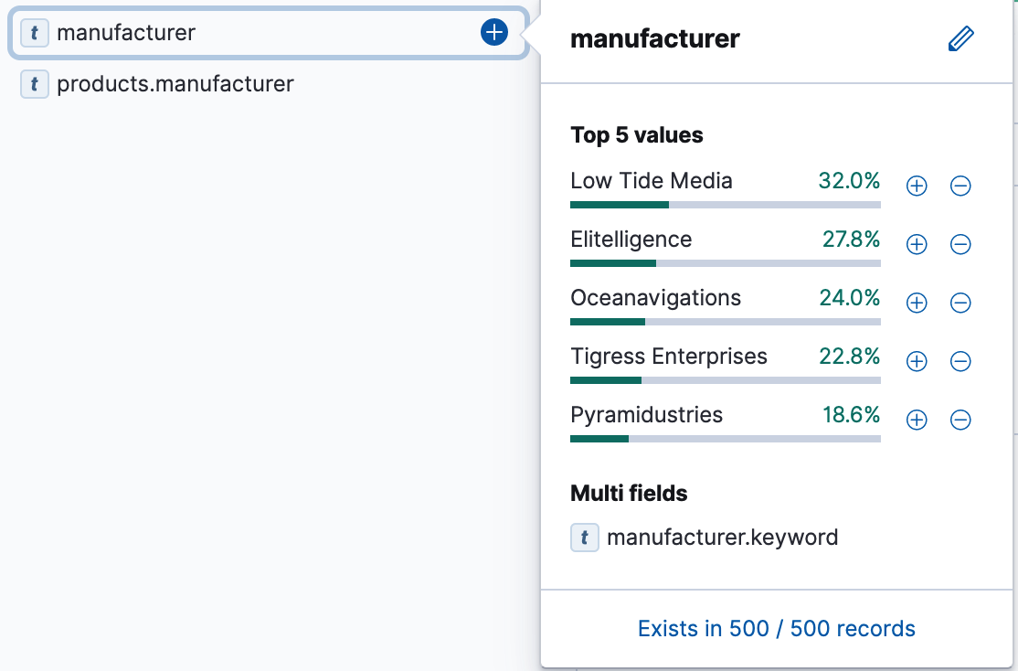 Fields list that displays the top five search results