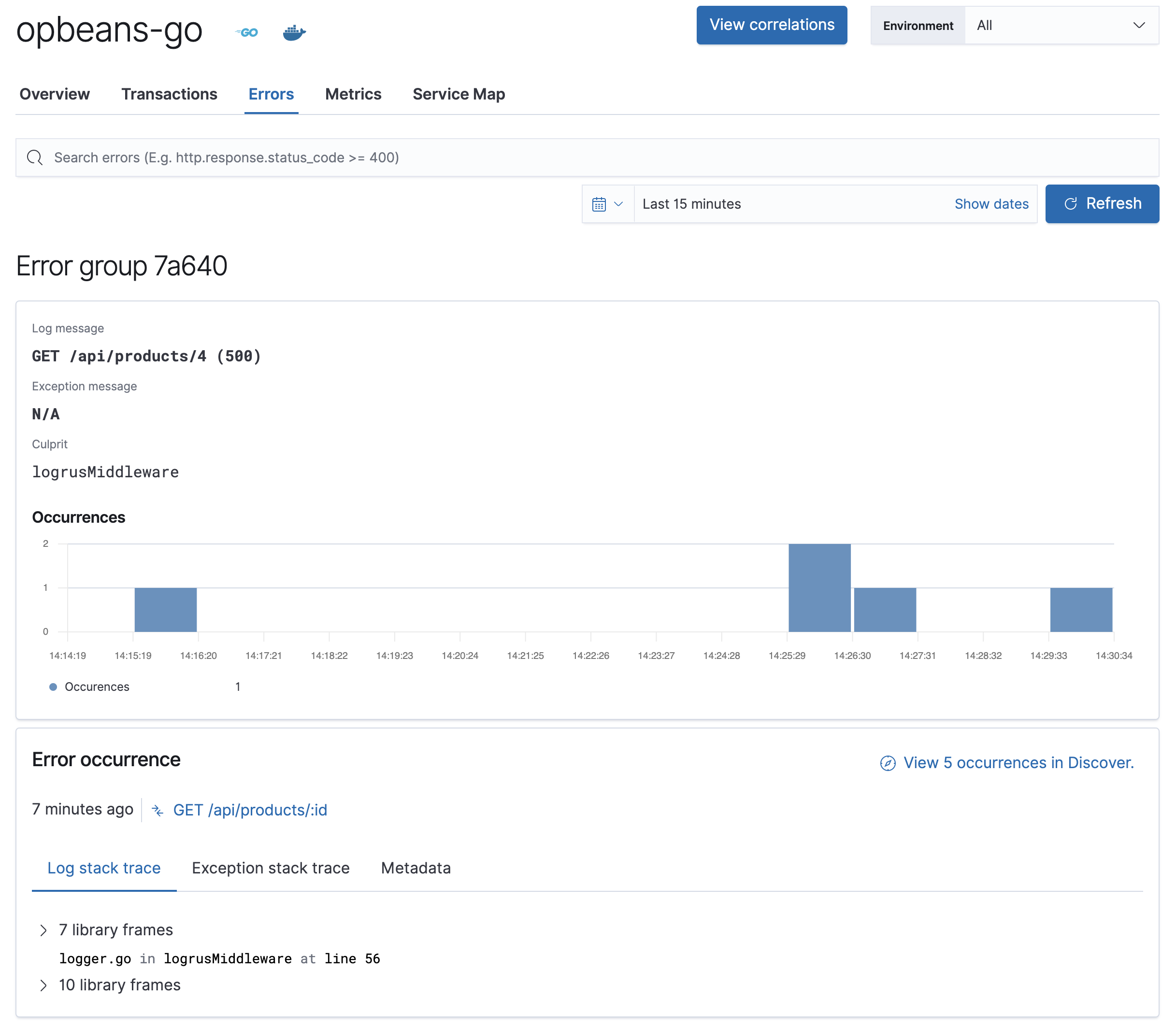 Example view of the error group page in the APM app in Kibana