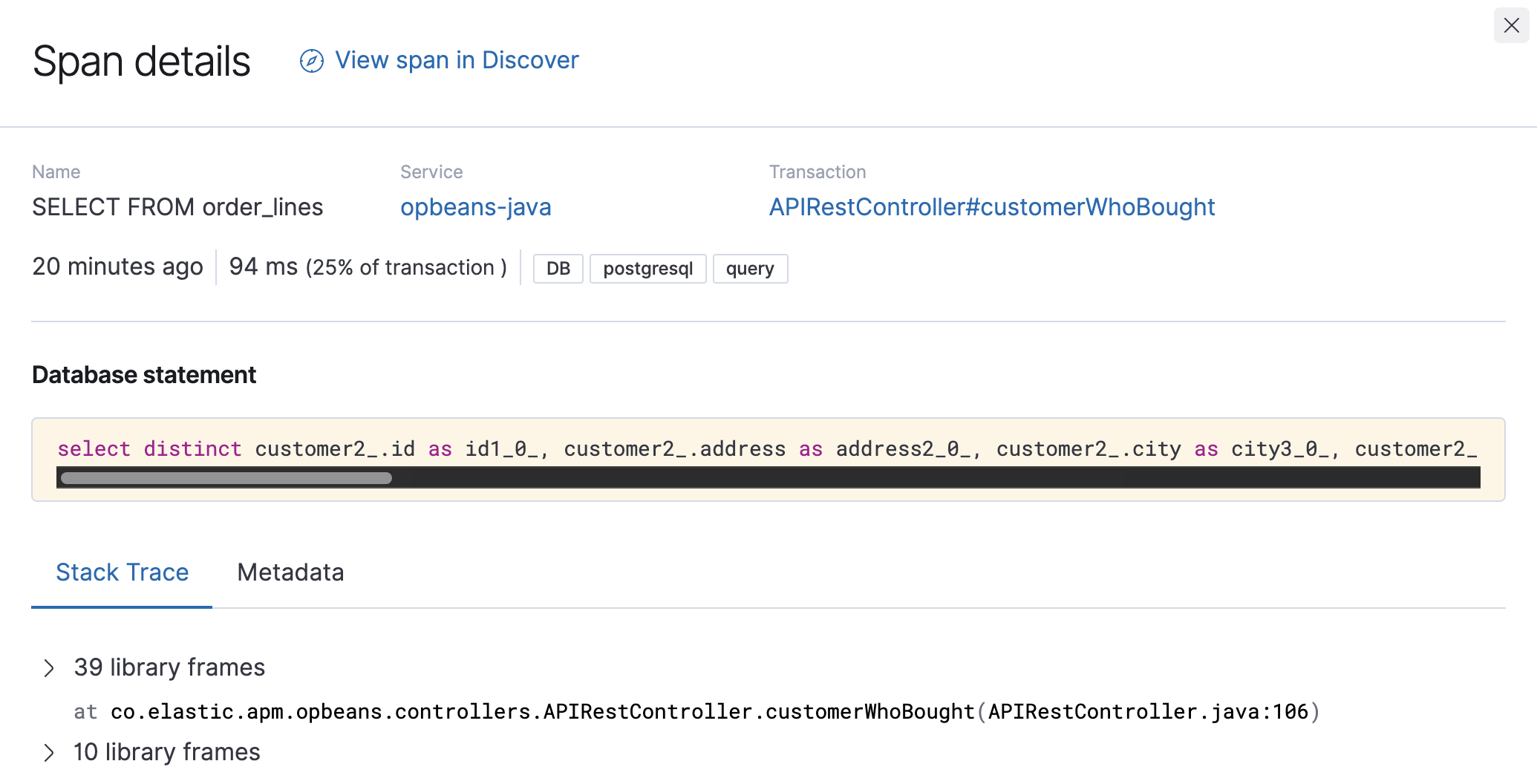 Example view of a span detail in the APM app in Kibana