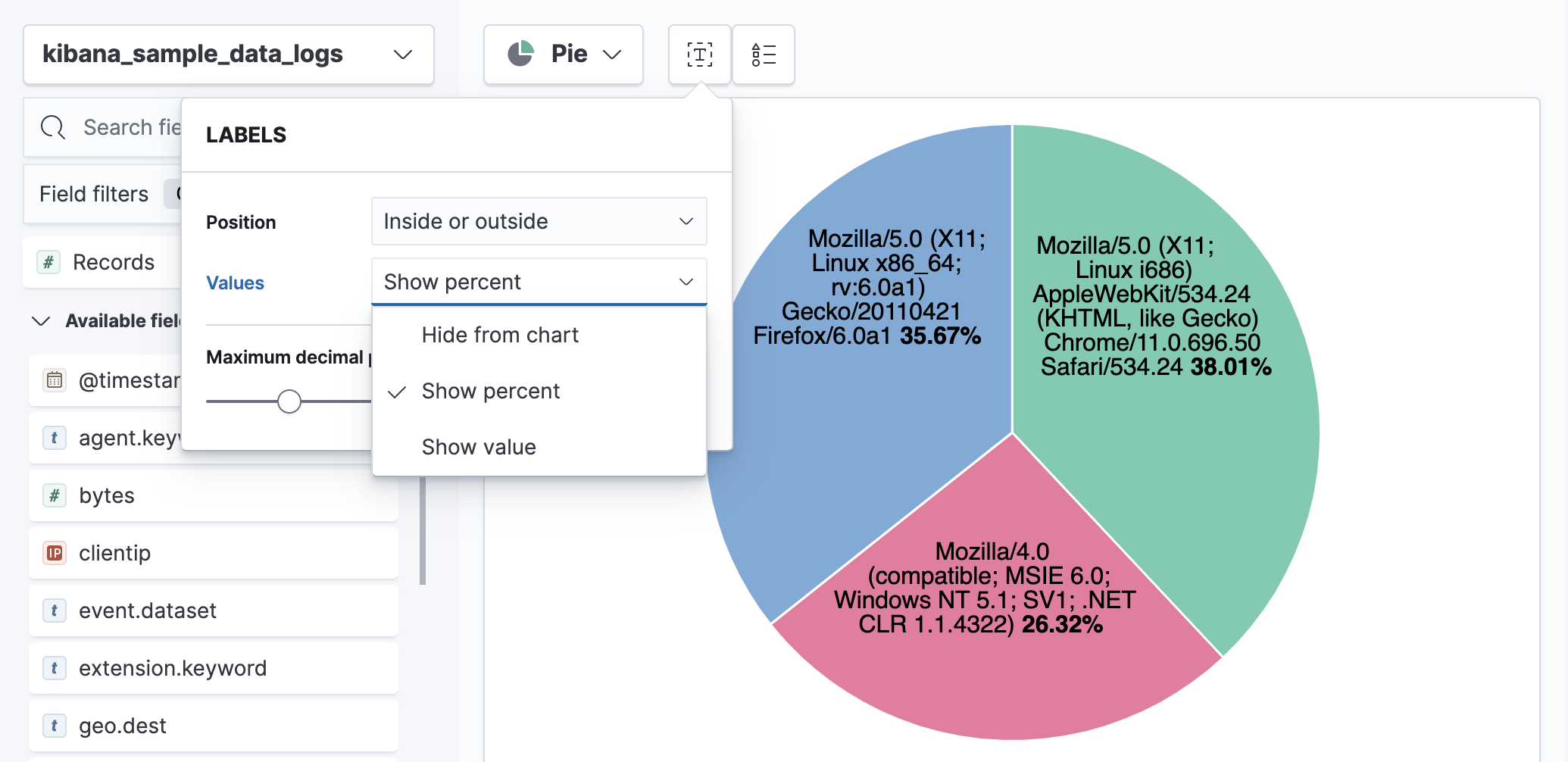 Lens Pie chart value labels menu