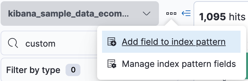 Dropdown menu located next to index pattern field with item for adding a field to an index pattern