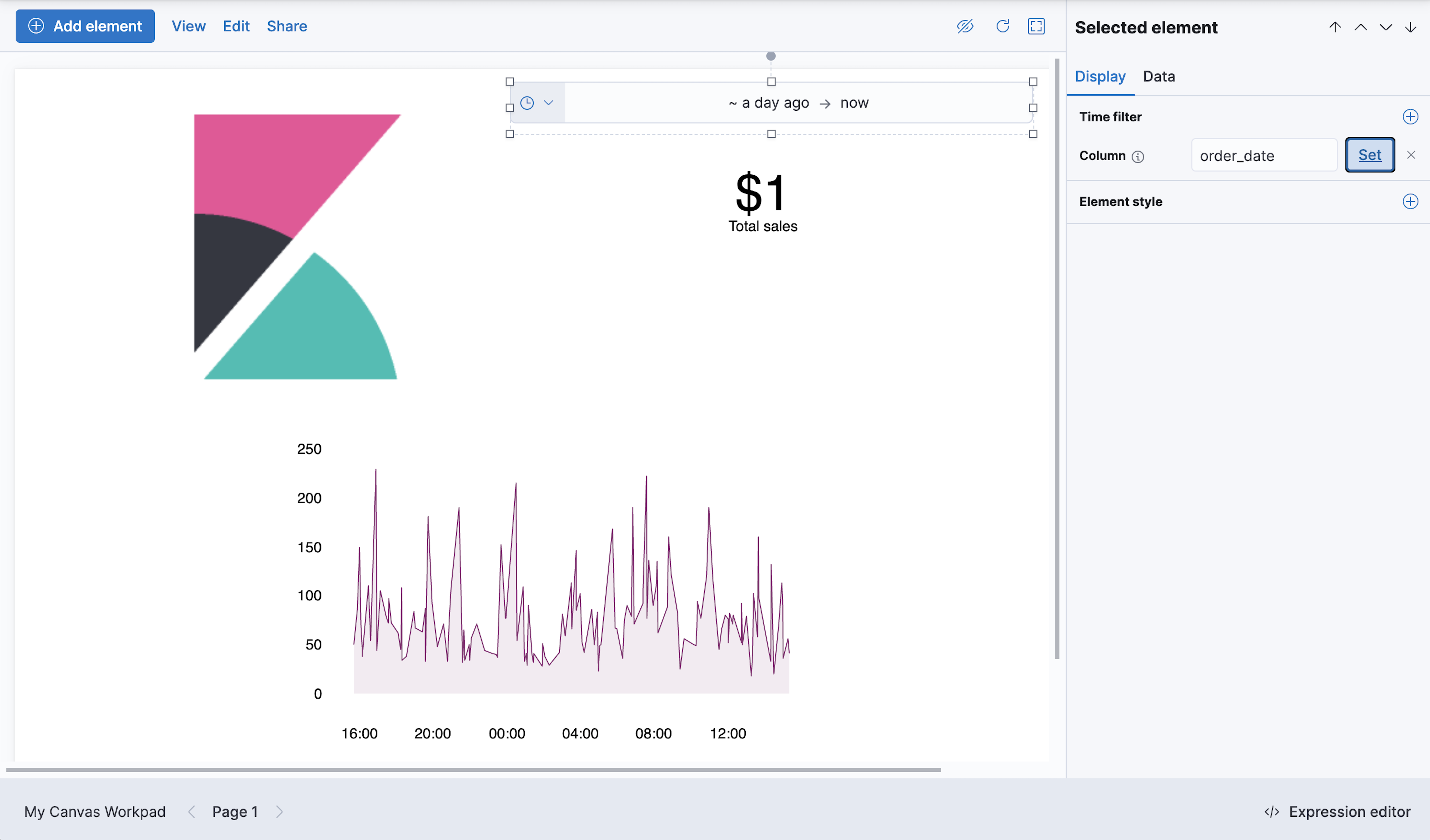 Image showing Canvas workpad with filtered sample data graph