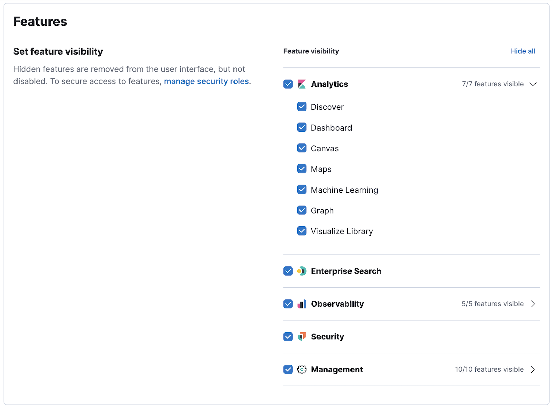 Controlling features visiblity