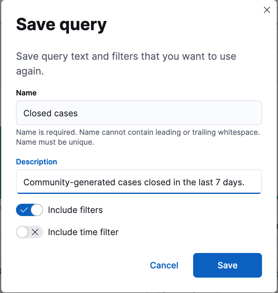 Example of the saved query management popover with a list of saved queries