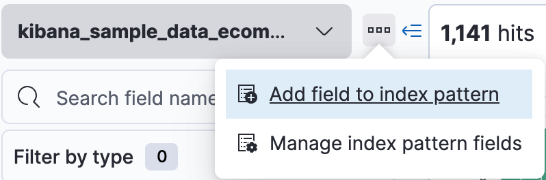 Dropdown menu located next to index pattern field with item for adding a field to an index pattern