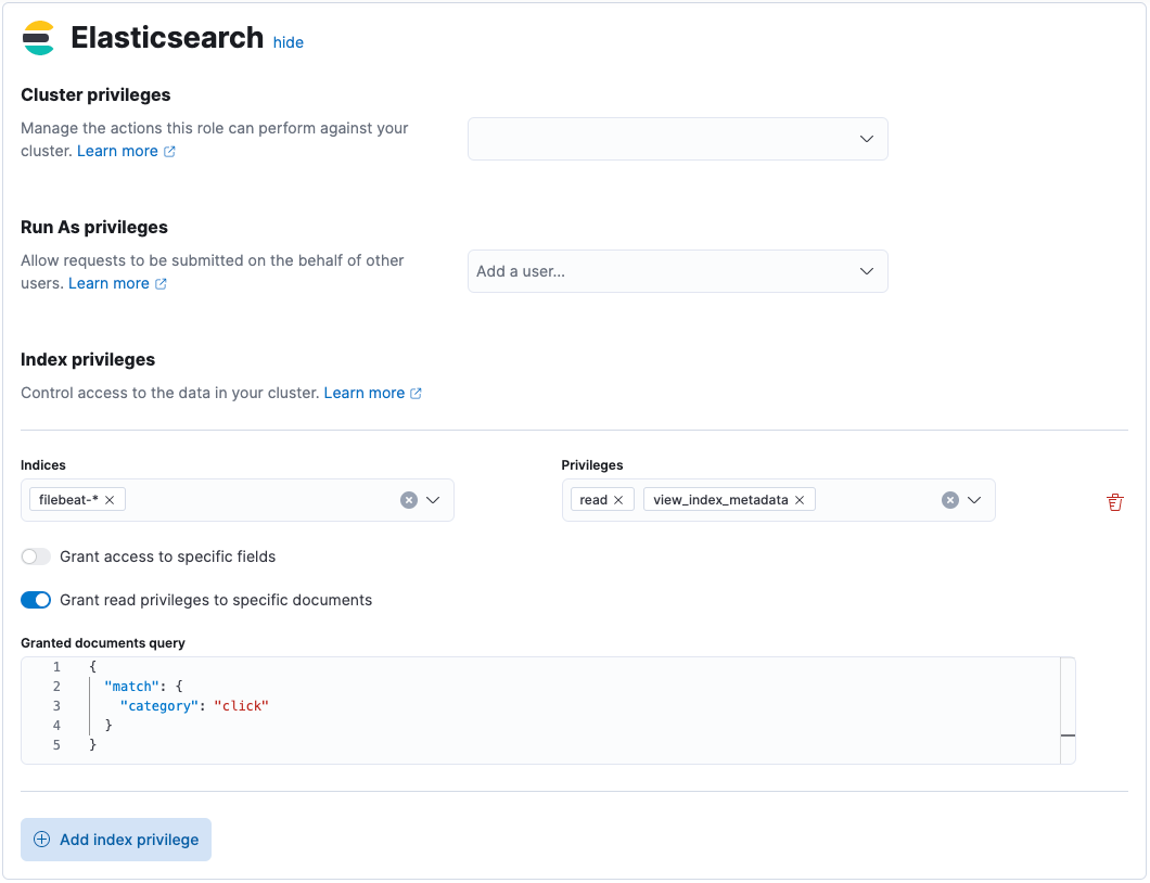 Create role with DLS index privileges