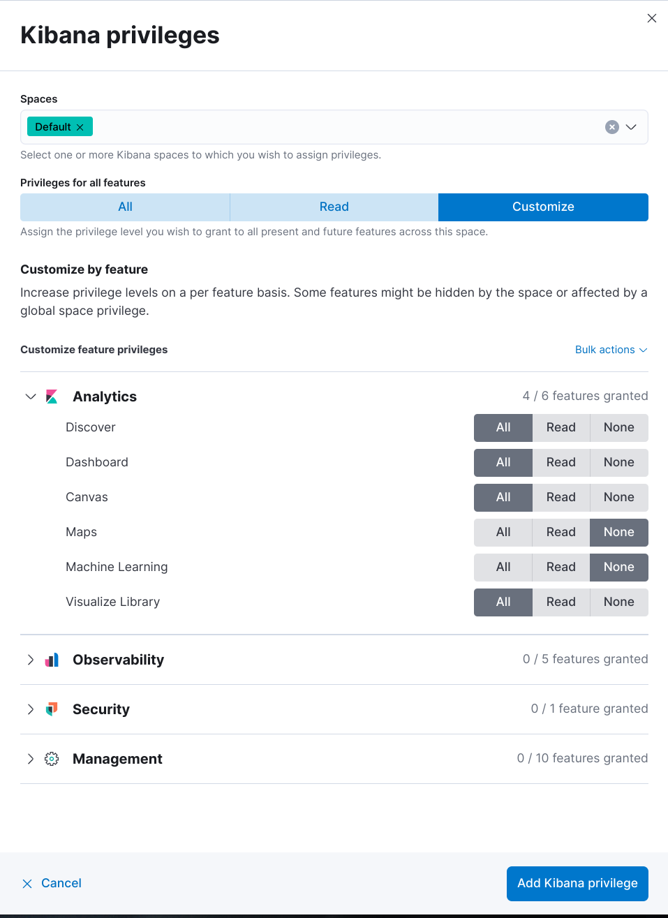 Kibana privileges with Reporting options, Basic license