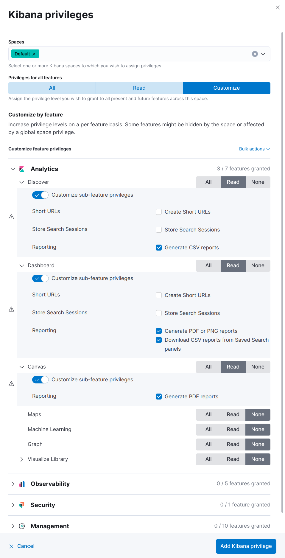 Kibana privileges with Reporting options, Gold or higher license