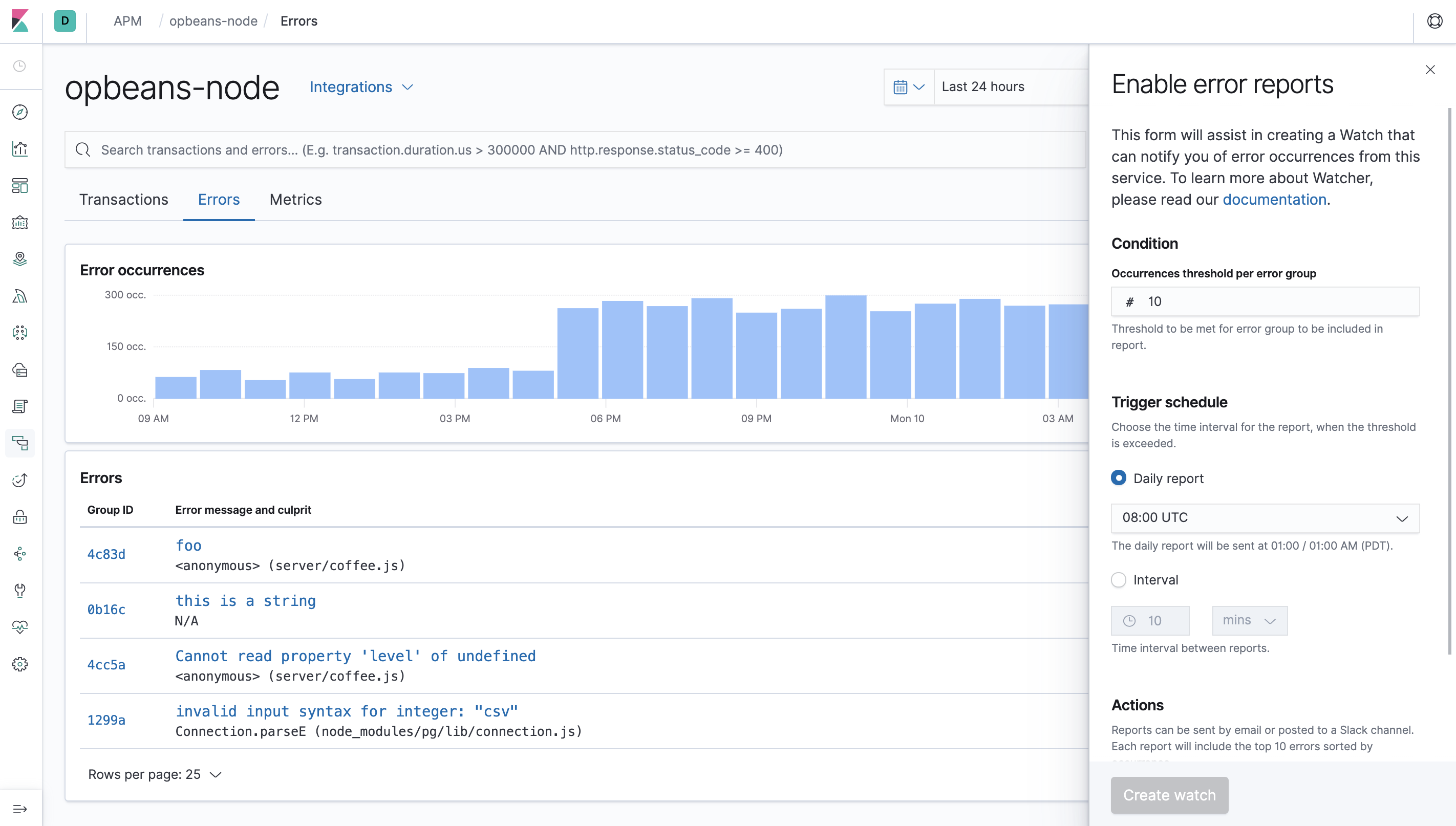 Example view of the Watcher assistant for errors in APM UI in Kibana