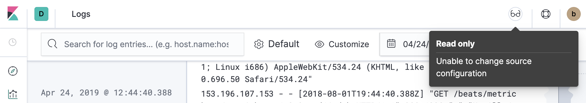 Example of Logs' read only access indicator in Kibana’s header