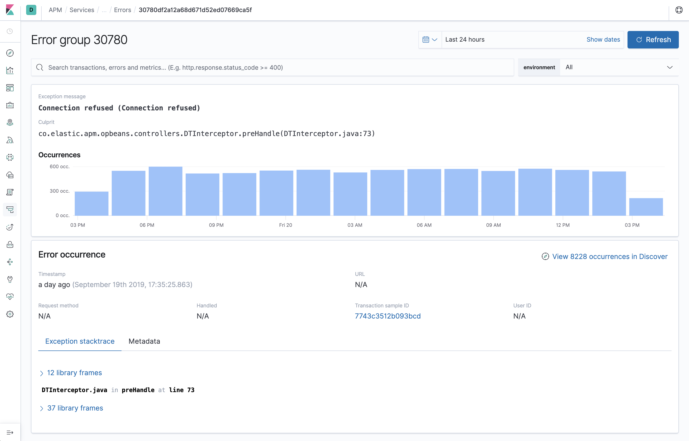 Example view of the error group page in the APM UI in Kibana