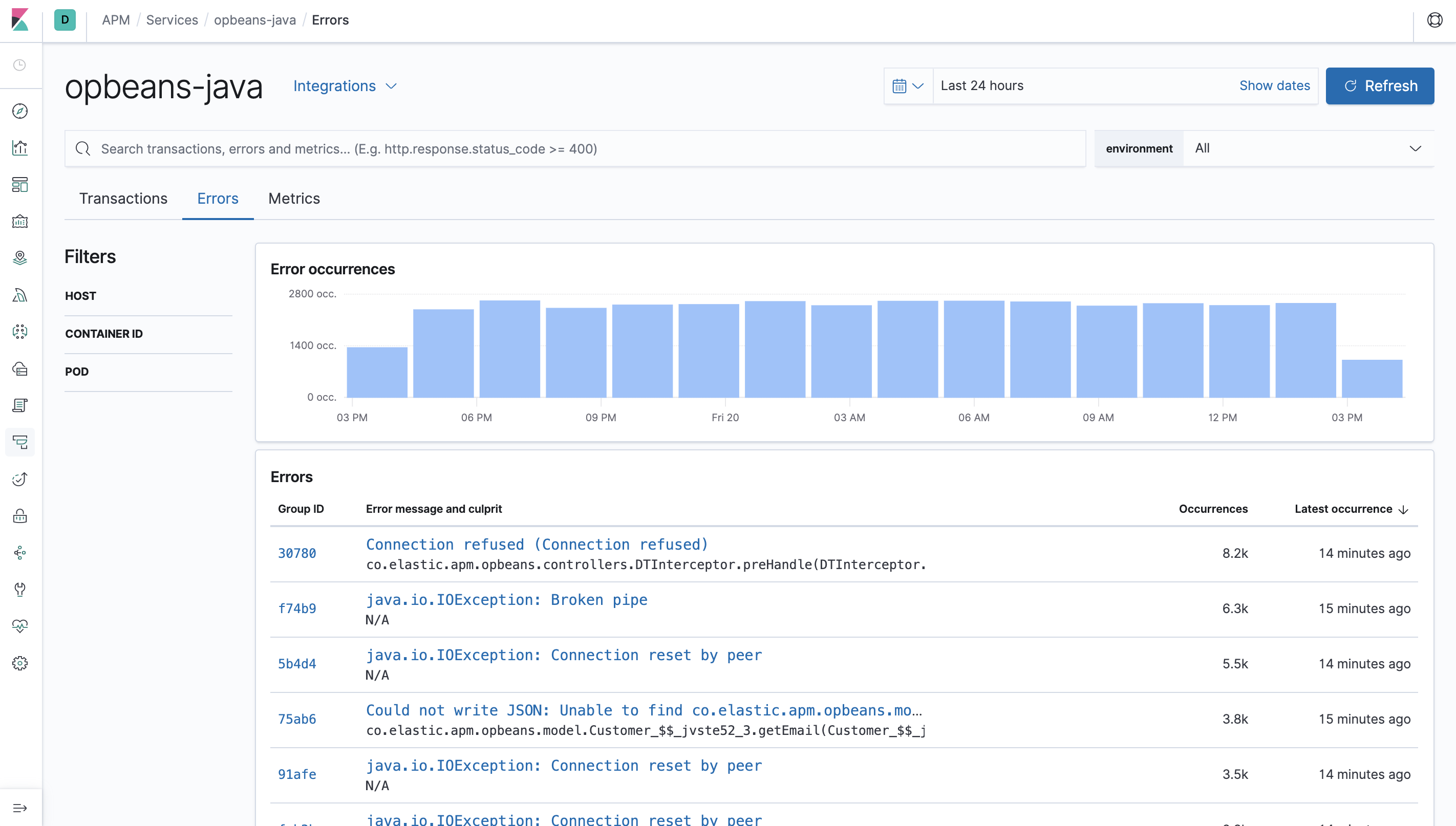 Example view of the errors overview in the APM UI in Kibana