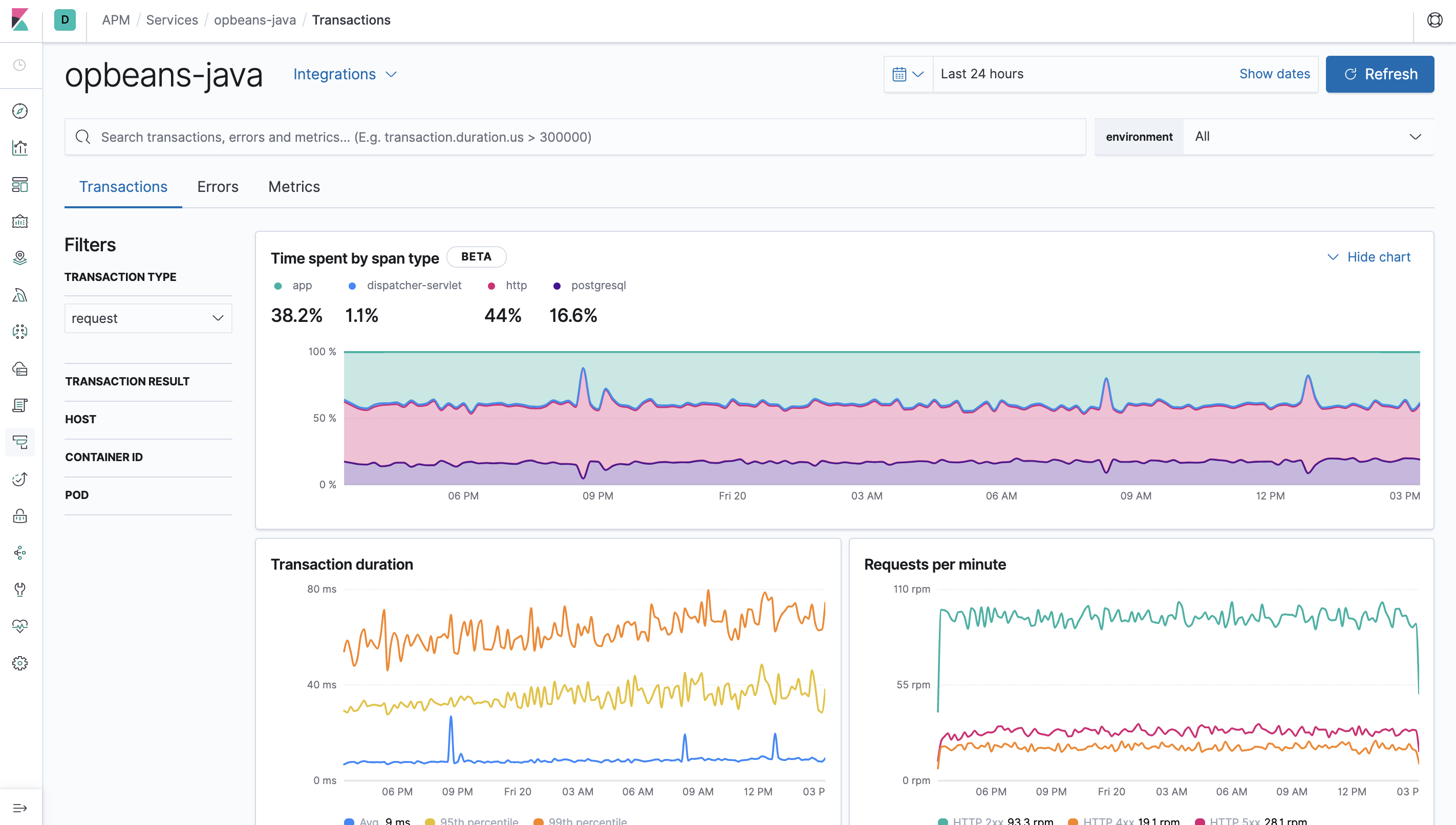 Example view of transactions table in the APM UI in Kibana