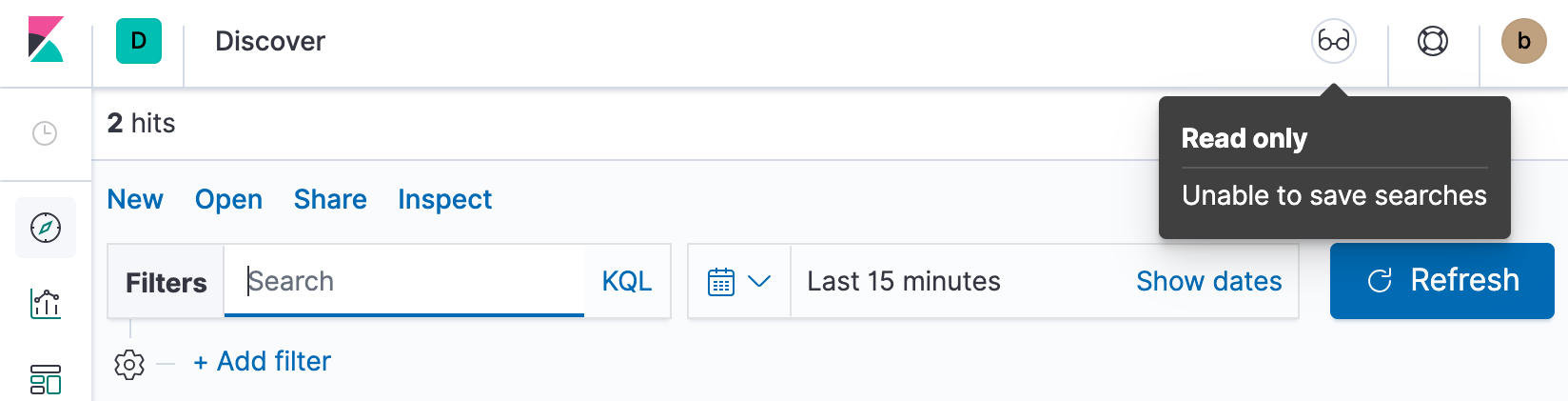 Example of Discover’s read only access indicator in Kibana’s header