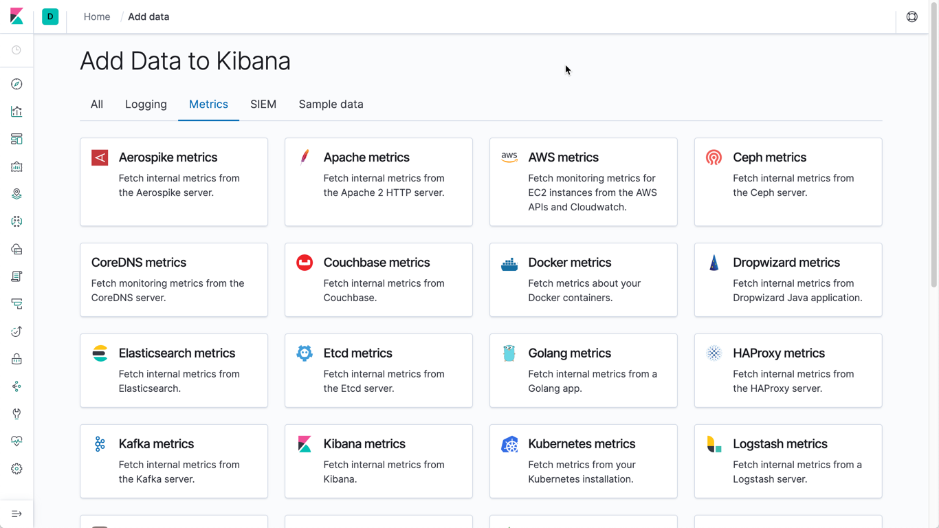 Screenshot showing Add metric data to Kibana UI