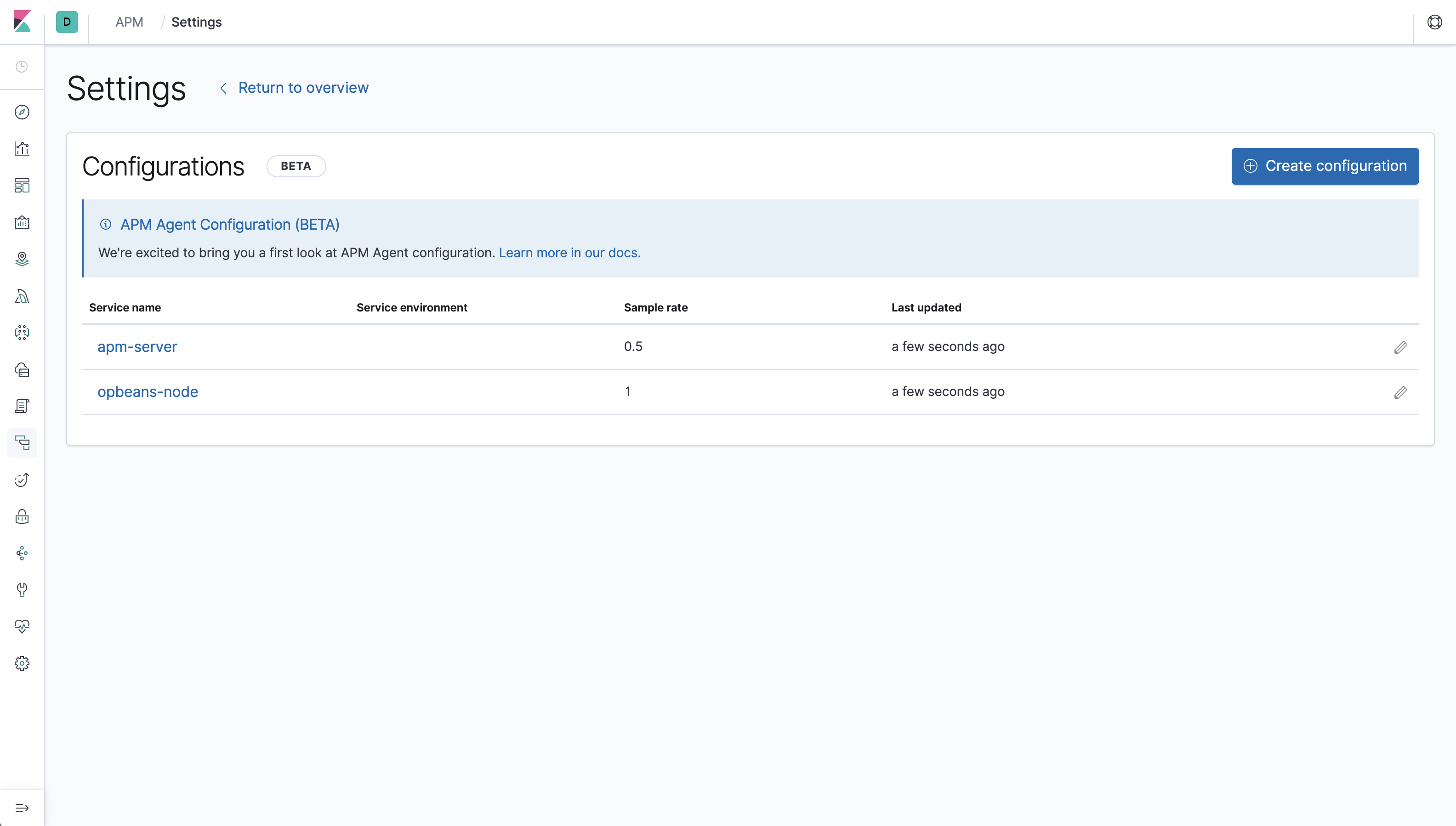 APM Agent configuration in Kibana