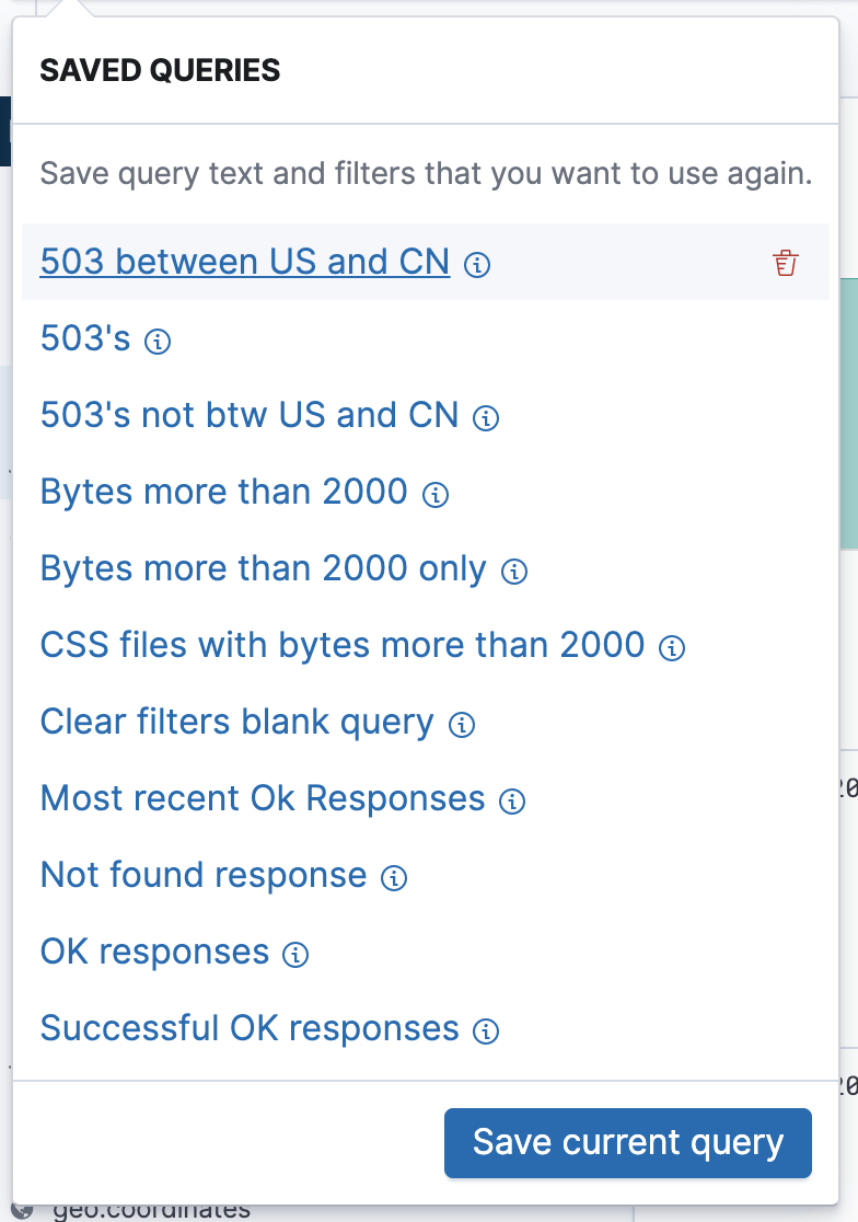 Example of the saved query management popover when a query is hovered over and we are about to delete a query