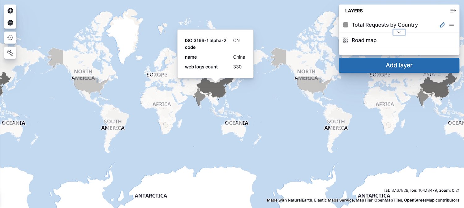 Map showing the Total Requests by Destination layer