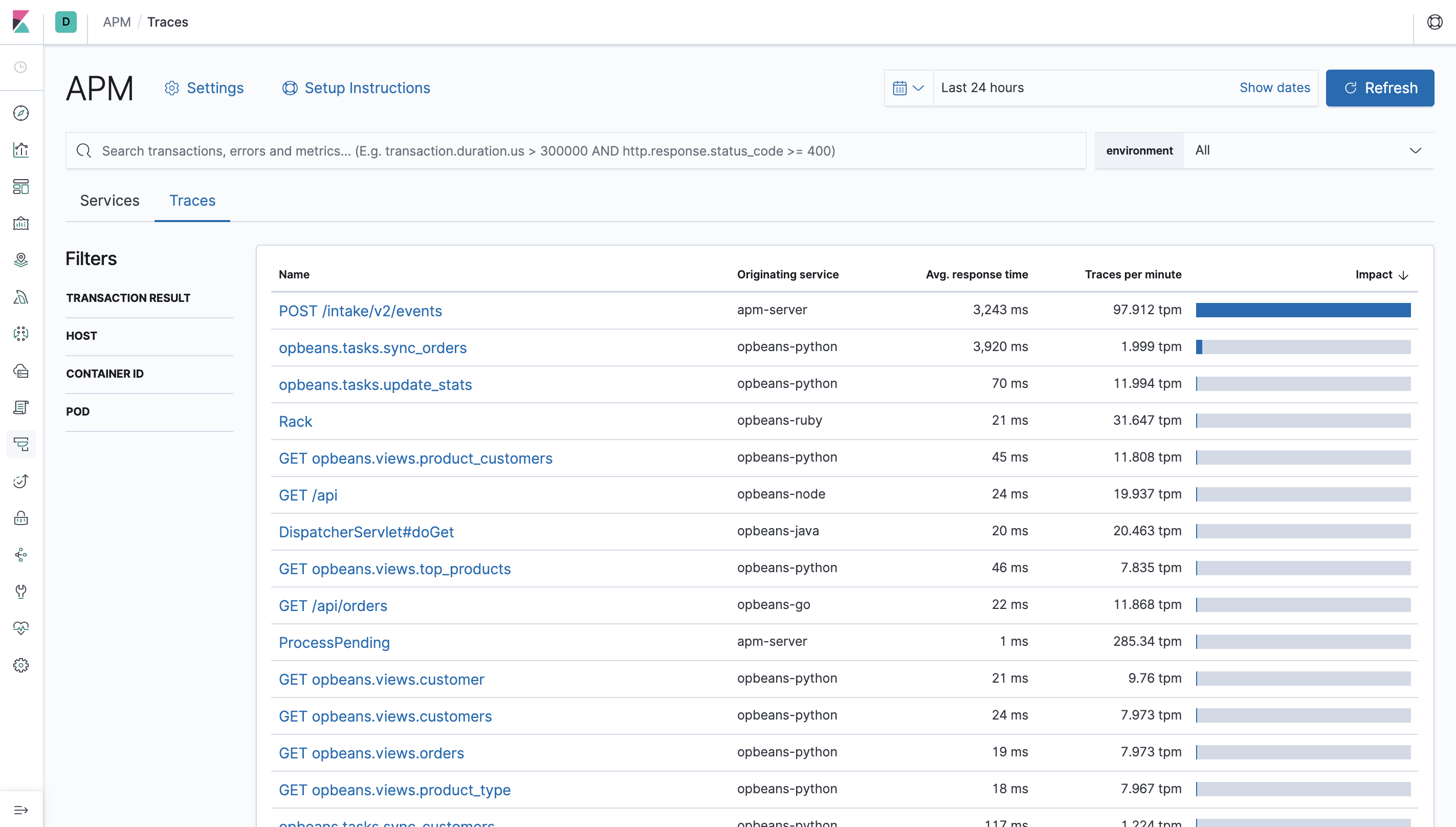 Example view of the Traces overview in APM app in Kibana