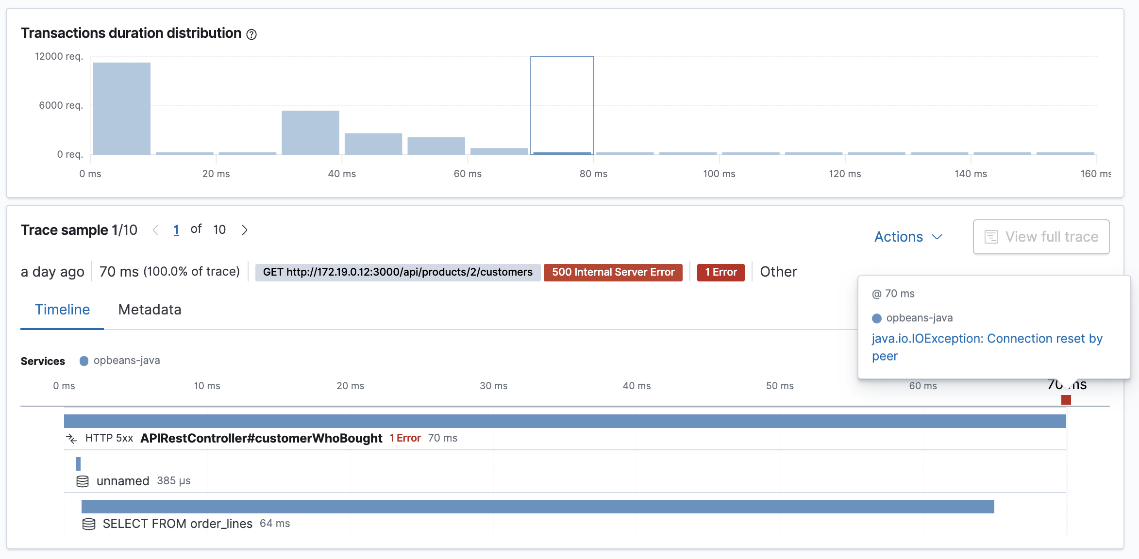 Example of distributed trace colors in the APM app in Kibana