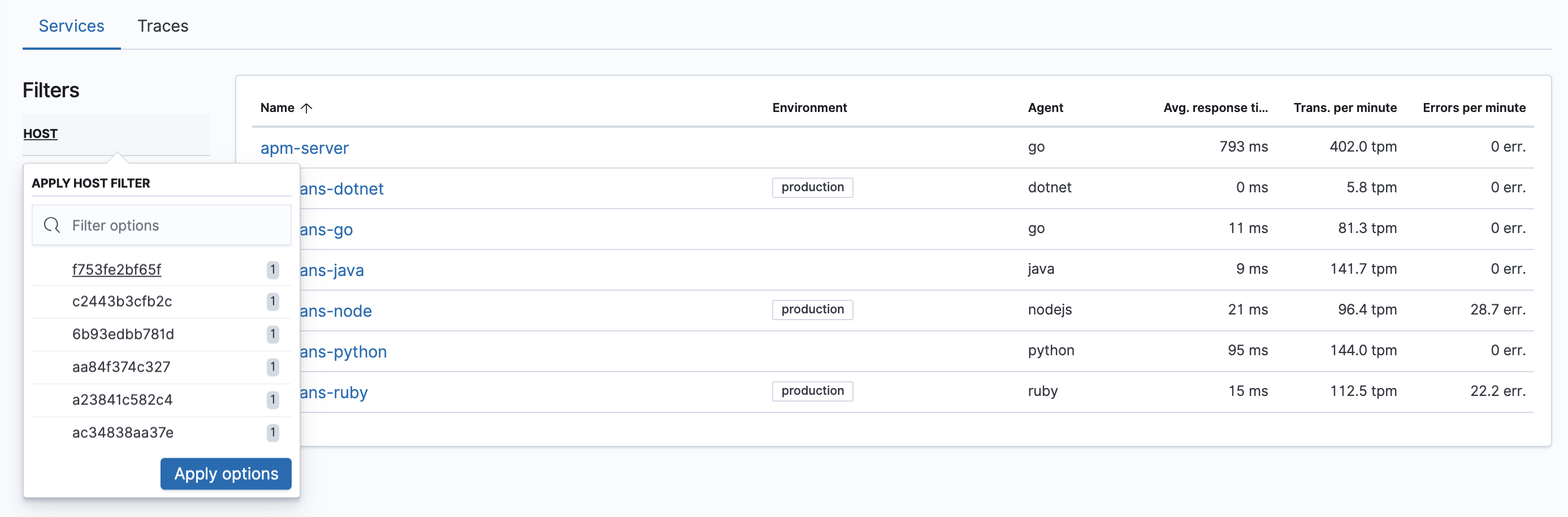 Local filters available in the APM app in Kibana