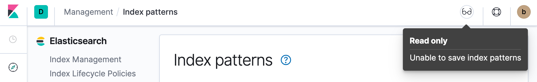 Example of Index Pattern Management’s read only access indicator in Kibana’s header