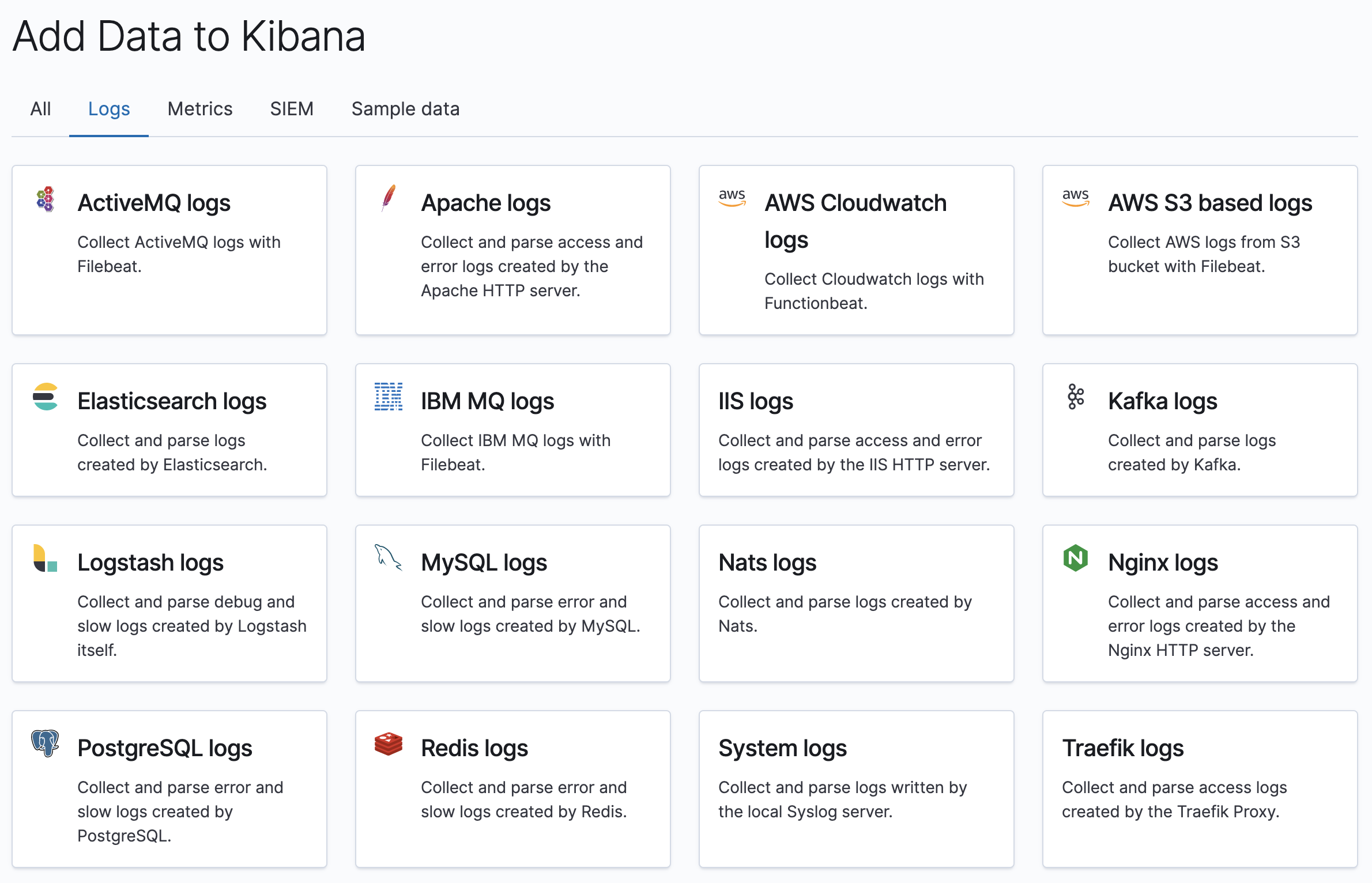 Screenshot showing Add logging data in Kibana