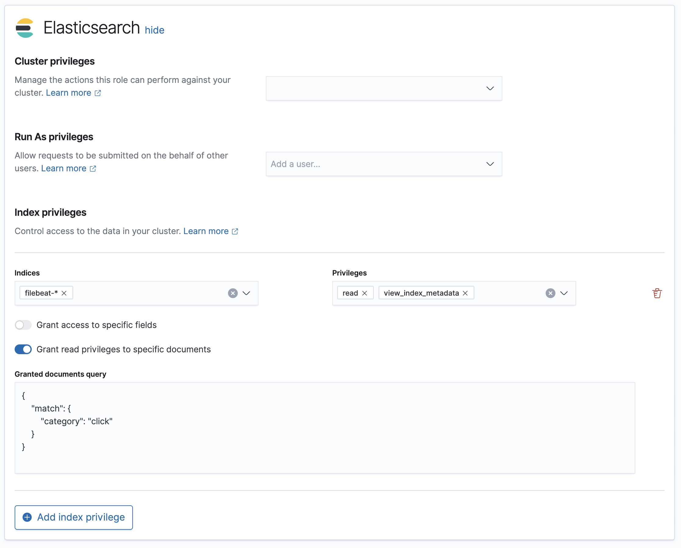 Create role with DLS index privileges