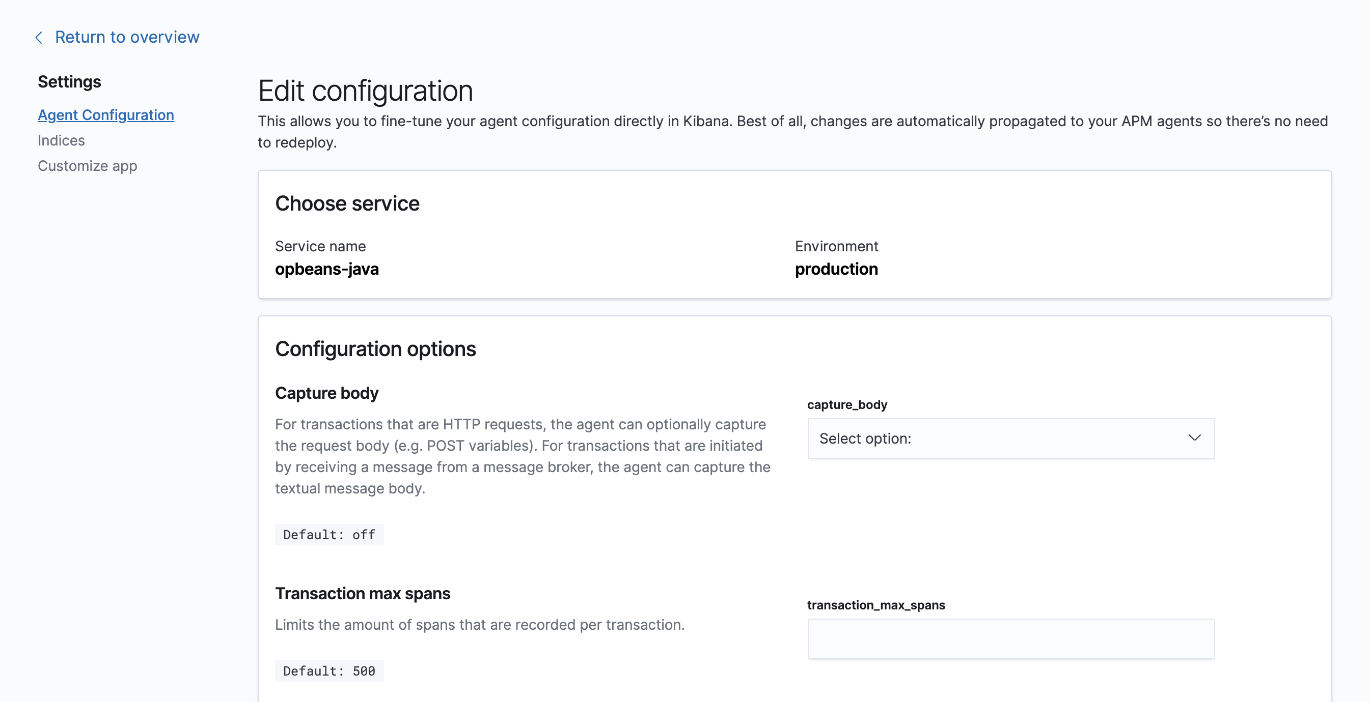 APM Agent configuration in Kibana