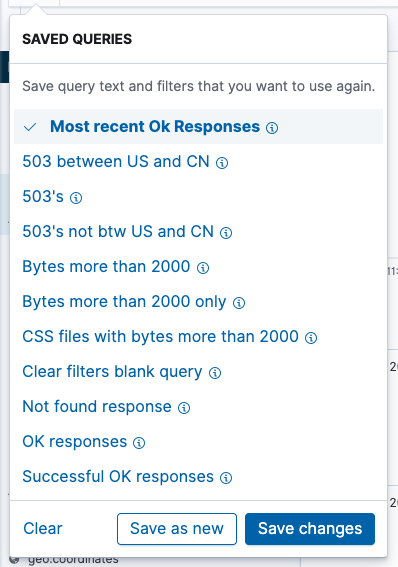 Example of the saved query management popover when a query is loaded and we have made changes to the query