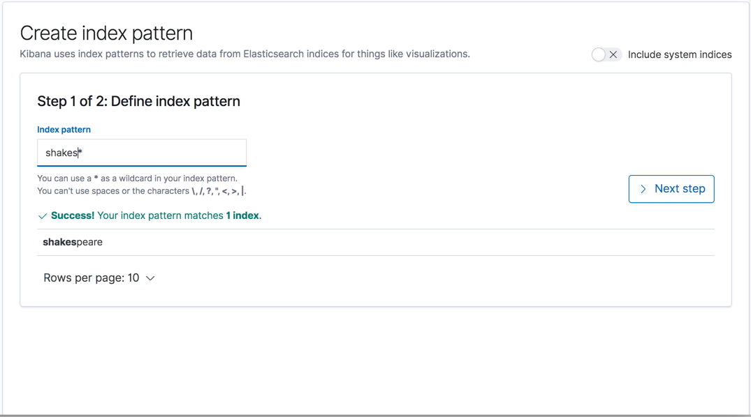 Image showing how to enter shakes* in Index Pattern Name field