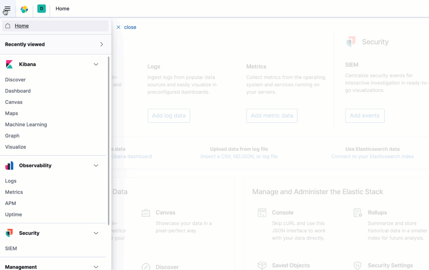 Kibana side navigation organized by category