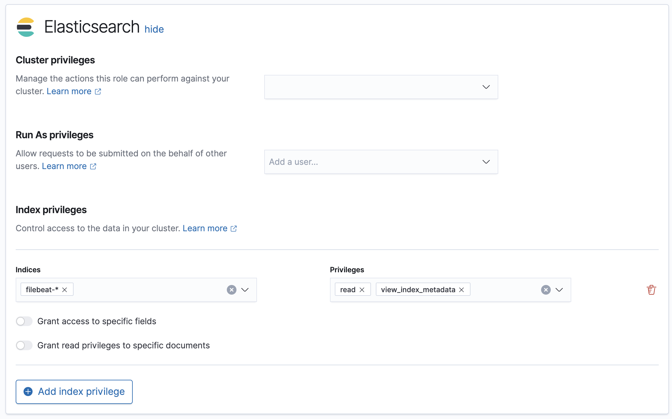 Create role with index privileges