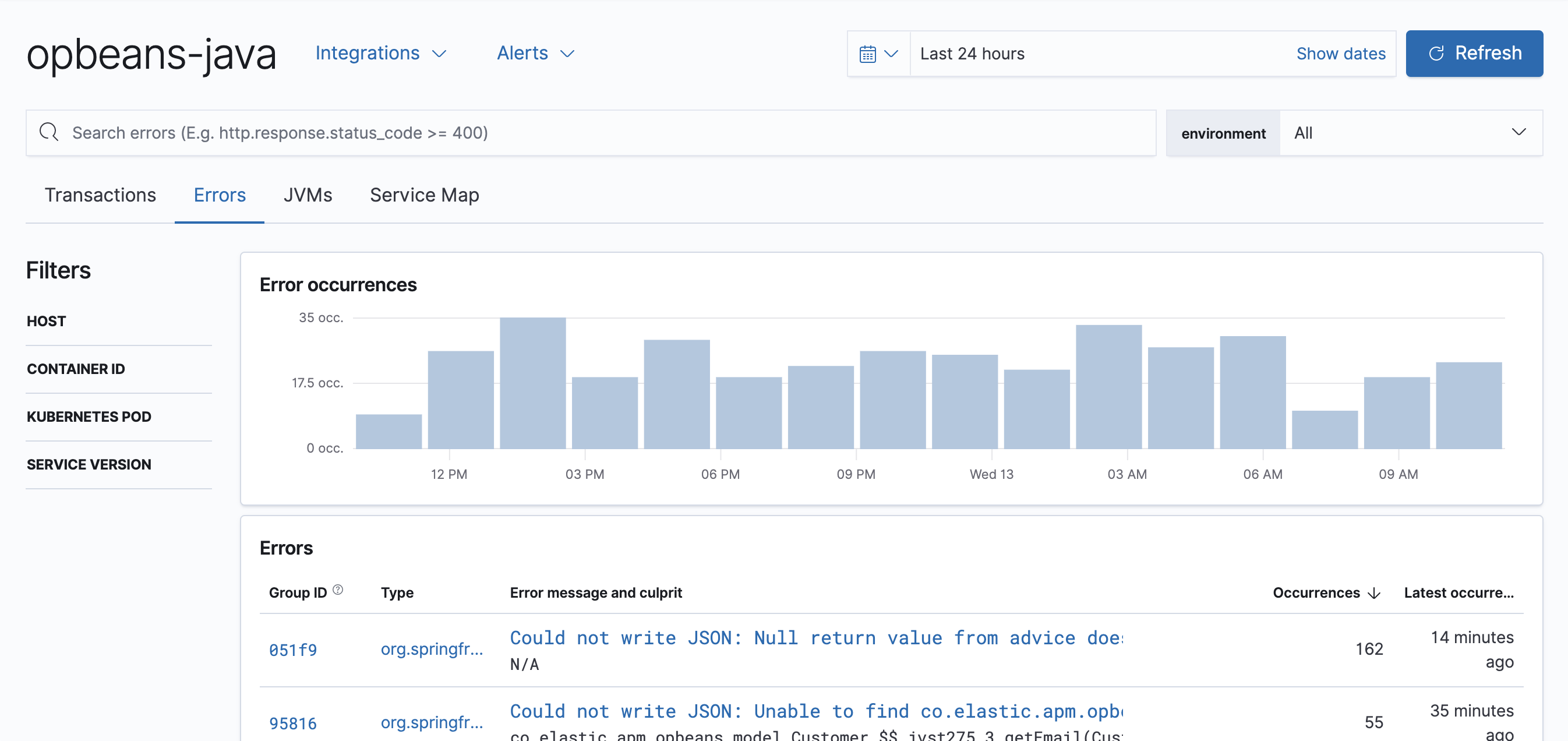 Example view of the errors overview in the APM app in Kibana