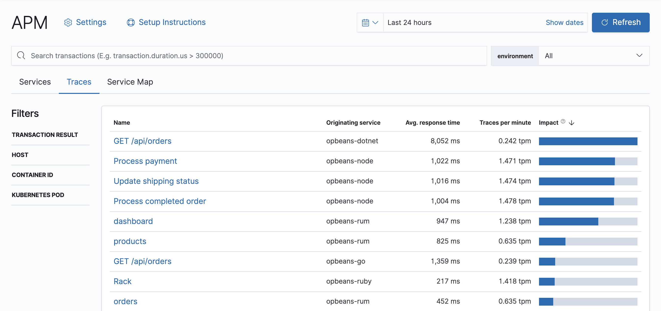 Example view of the Traces overview in APM app in Kibana