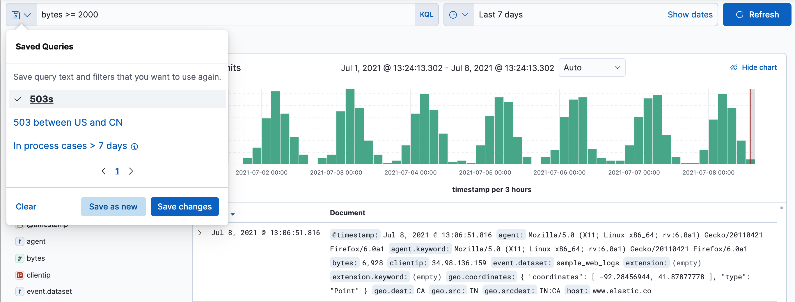 Example of the saved query management popover with a list of saved queries