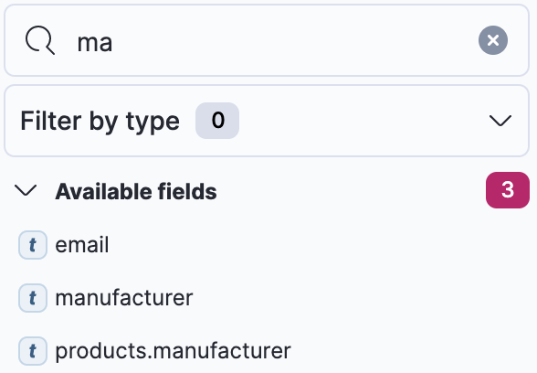 Fields list that displays the top five search results