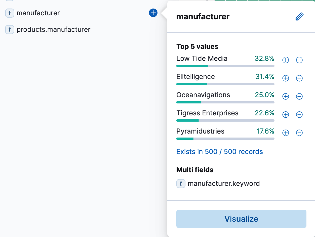 Fields list that displays the top five search results