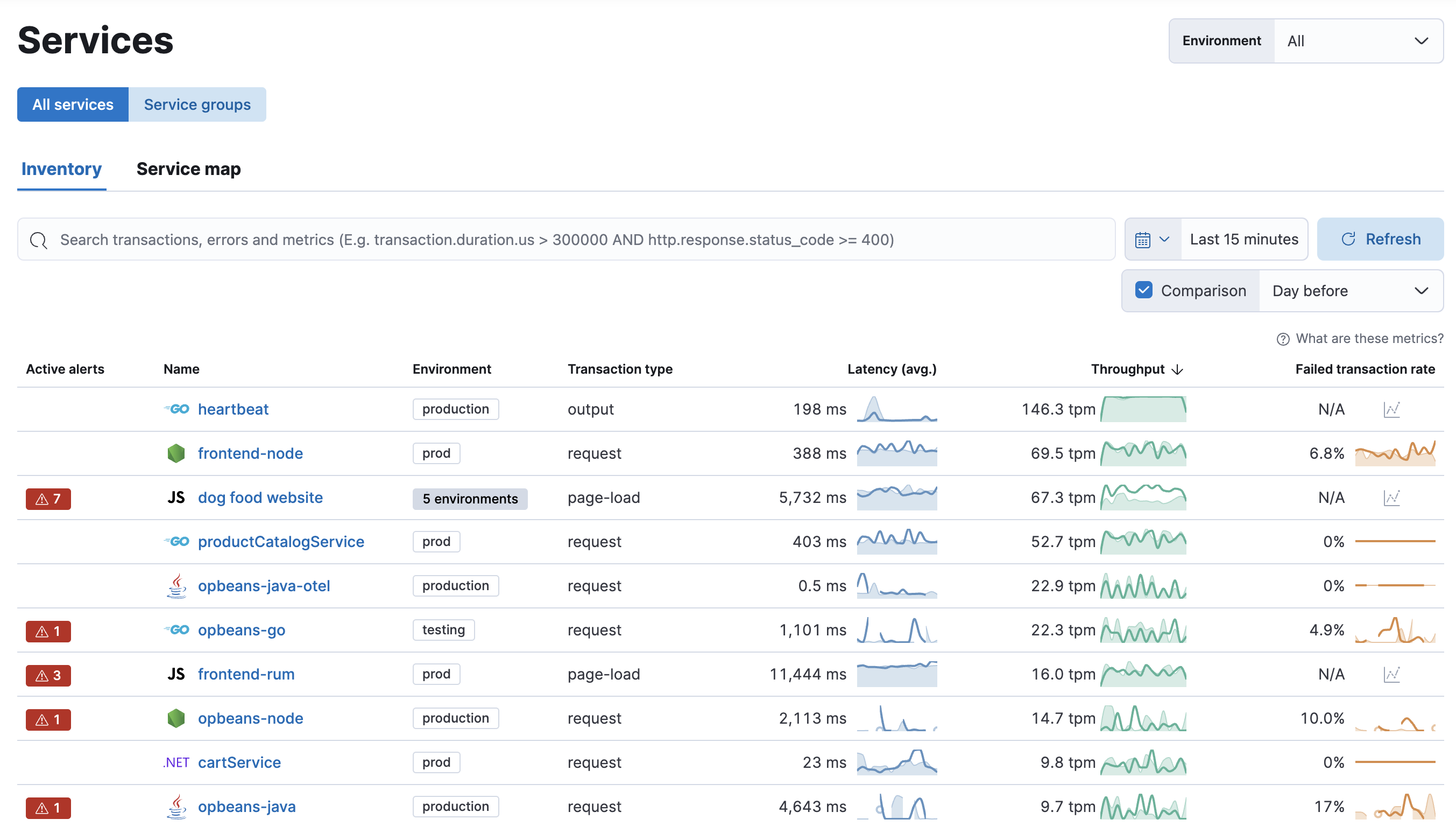 Example view of services table the APM app in Kibana