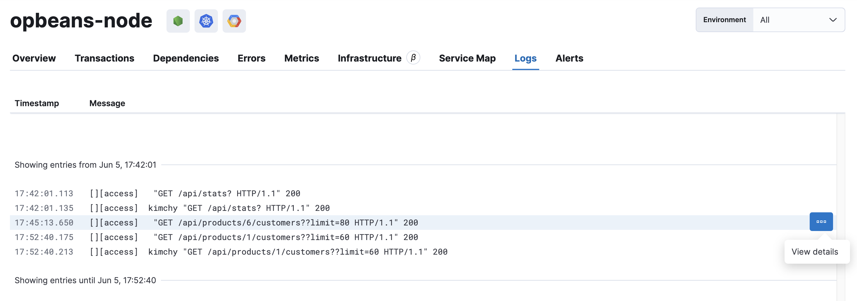 Example view of the Logs tab in APM app in Kibana