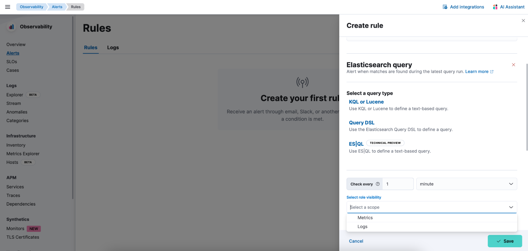 An example of creating an altering rule in Observability